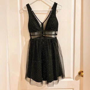 Blondie Nites Gold Polka Dot Black Sheer Mesh Plunging Dress